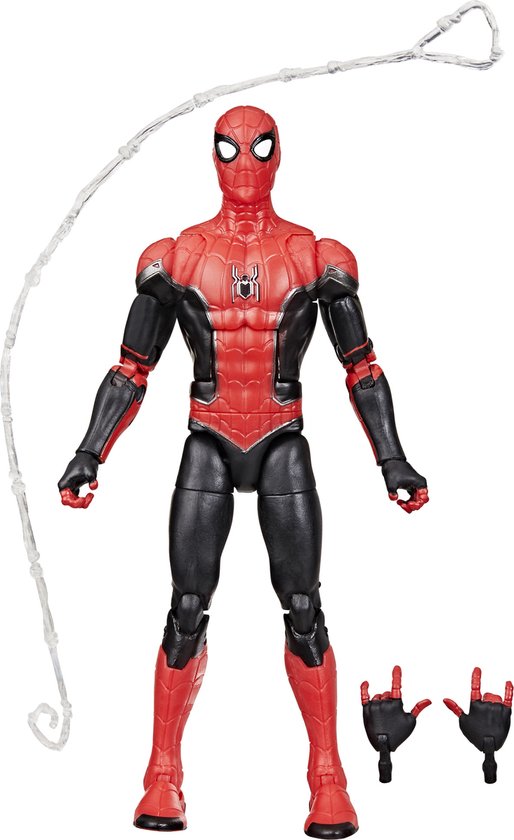 Spiderman actiefiguur, rood met zwarte accenten, met net accessoire en extra handen.