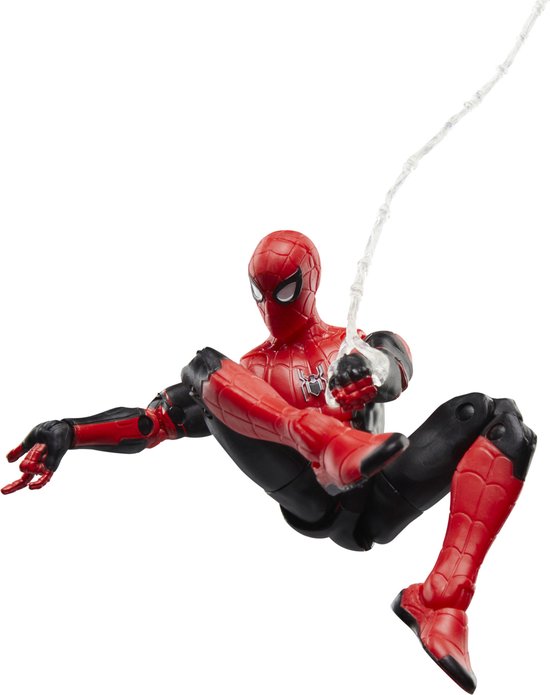 Actiefiguur Spiderman in rood met zwarte accenten, zwiepend aan een web.