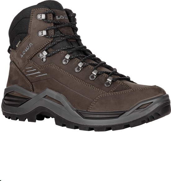 Bruine Lowa Renegade EVO GTX Mid wandelschoen met zwarte veters en zool.