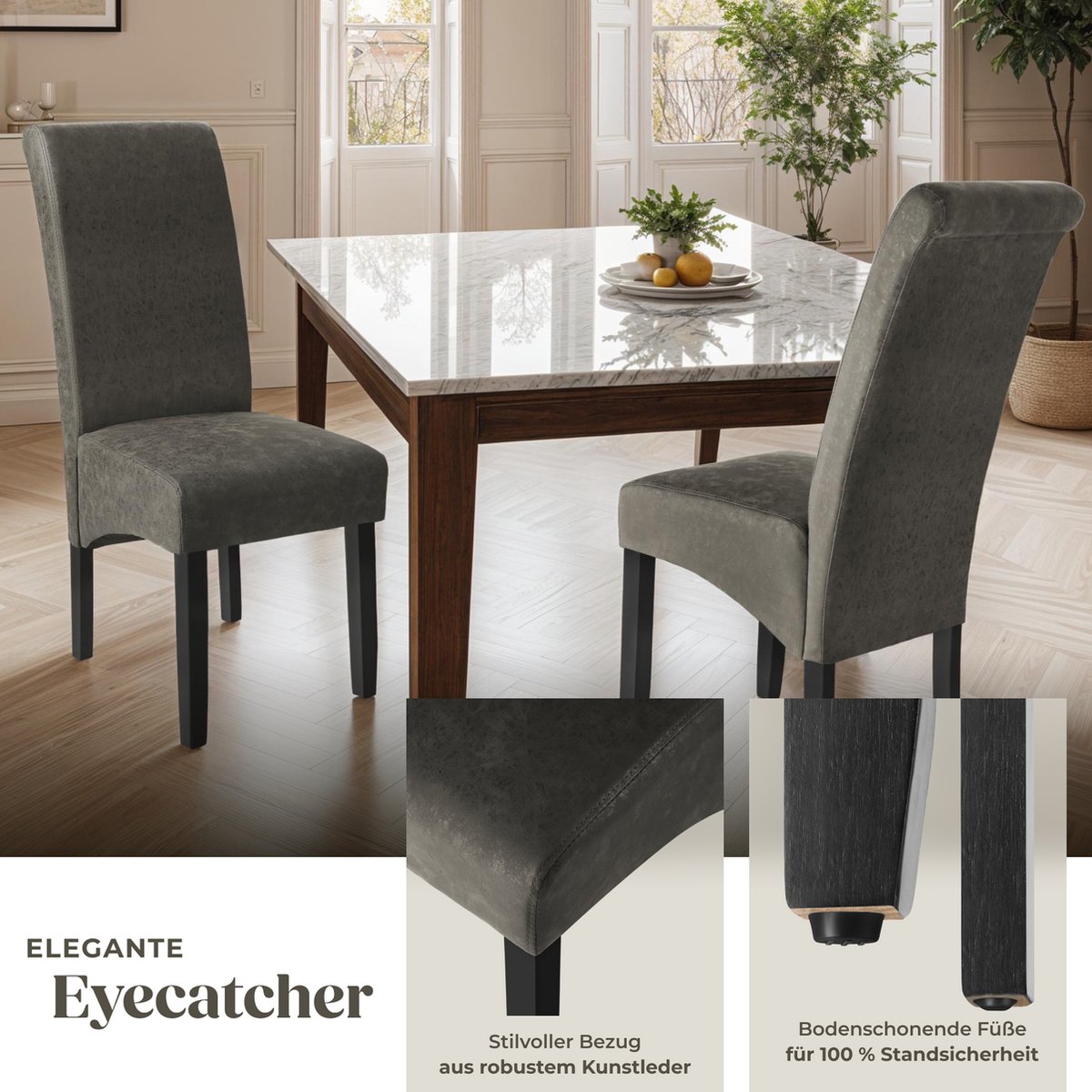 tectake® Eetkamerstoel - Comfortabele kunstleren stoel met hoge rugleuning - Keukenstoel voor keukentafel - Gestoffeerde keukenstoel - Diverse kleuren en sets - Maximale belasting 120 kg - Afmeting (LxBxH) 44 x 63 x 106 cm - Set van 4 - Grijs – foto 3