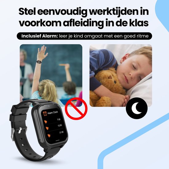 Zwarte smartwatch met app-scherm voor alarmklok, naast een kind dat slaapt met teddybeer en een klaslokaal met opgestoken hand.