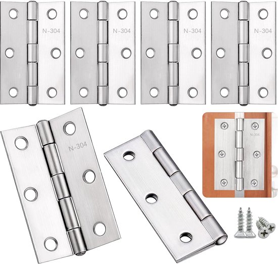 Anstore 8 stuks deurscharnieren 75 mm, vouwscharnieren, roestvrijstalen deurscharnieren voor houten meubelbeslag, verdikte kogellagerscharnieren met 60 schroeven, voor raam, kasten, houten kisten