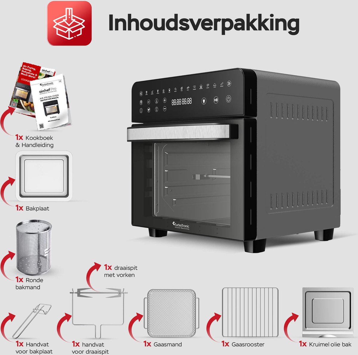 Afbeelding 3 van TurboTronic AFO14 Airfryer XXL en Vrijstaande Oven - Insclusief Draaispit - Mini Oven - Zwart