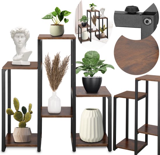 Étagère à plantes Springos | Support à plantes | Escaliers végétaux | 6 niveaux | Métal | Bois | Noir | Marron foncé