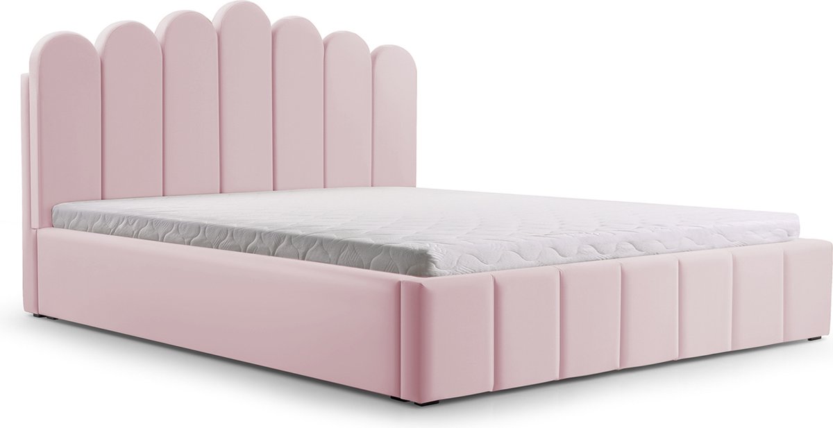 Tweepersoonsbed met fluwelen bekleding, met hoofdeinde, lattenbodem, bed voor volwassenen - BED 03 - 160x200 - Lichtroze (TRINITY 19)