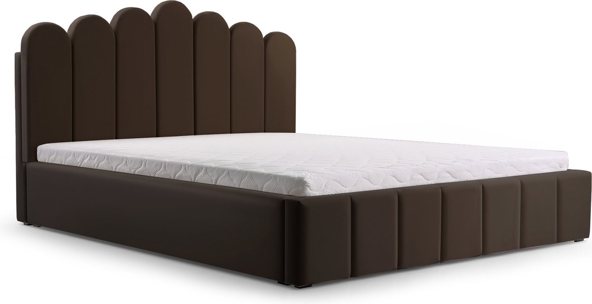 Tweepersoonsbed met fluwelen bekleding, met hoofdeinde, lattenbodem, bed voor volwassenen - BED 03 - 180x200 - Donkerbruin (TRINITY 8)