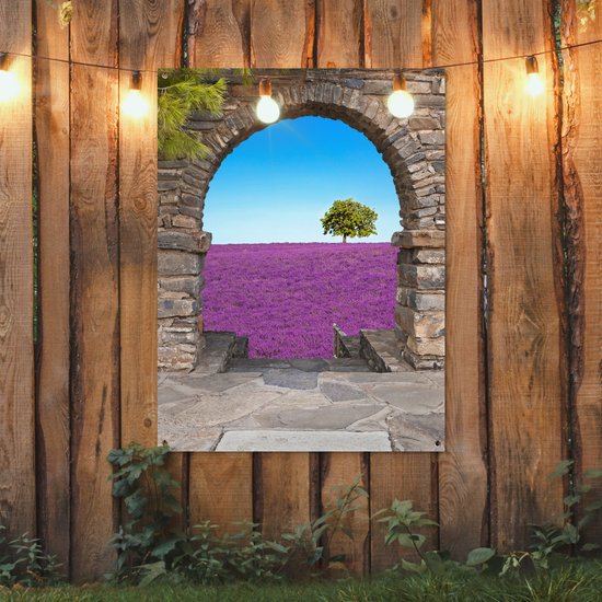 Affiche de jardin - Vue - Lavande - Arbre - Fleurs - Paysage - 90x120 cm - Décoration de clôture - Toile de jardin