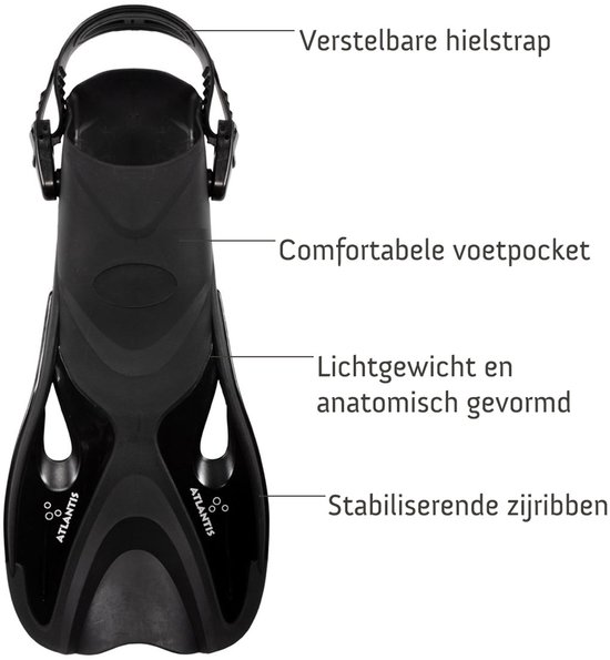 Atlantis Dolphin - Flippers - Zwemvliezen - Verstelbare Hielstrap - Voor Zwemmen & Snorkelen - Volwassenen - Zwart - 41-45