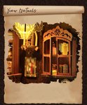 Gedetailleerd interieur van een miniatuurwinkel met een houten kastje met potjes, een schilderij en een kroonluchter.