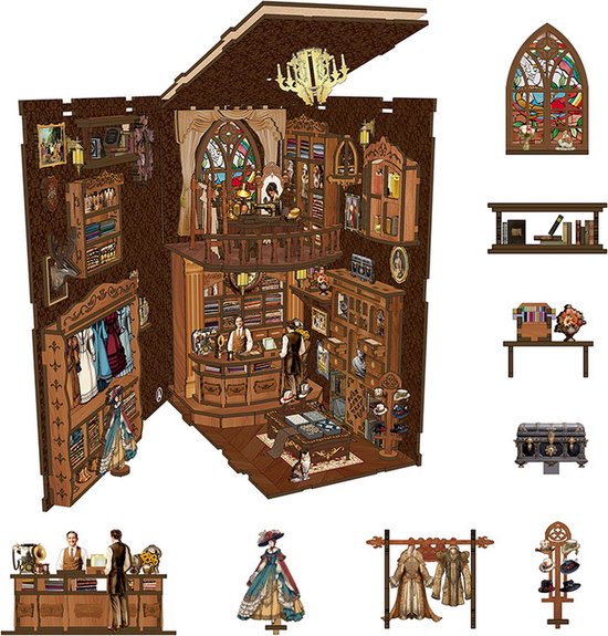 Gedetailleerd miniatuur interieur met kledingrekken, toonbank met personeel, vitrine met hoeden en kledingstukken.