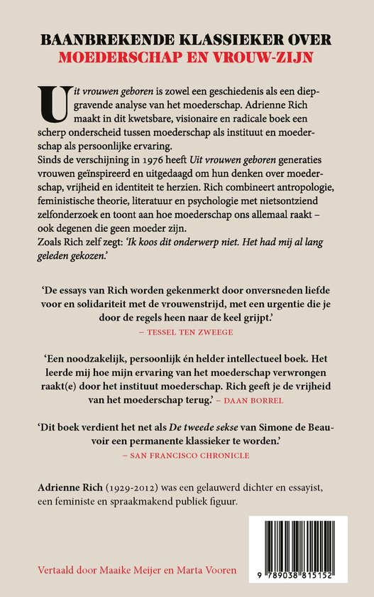 Boek met de titel 'BAANBREKENDE KLASSIEKER OVER MOEDERSCHAP EN VROUW-ZIJN'. Bovenin een portret van Adrienne Rich.