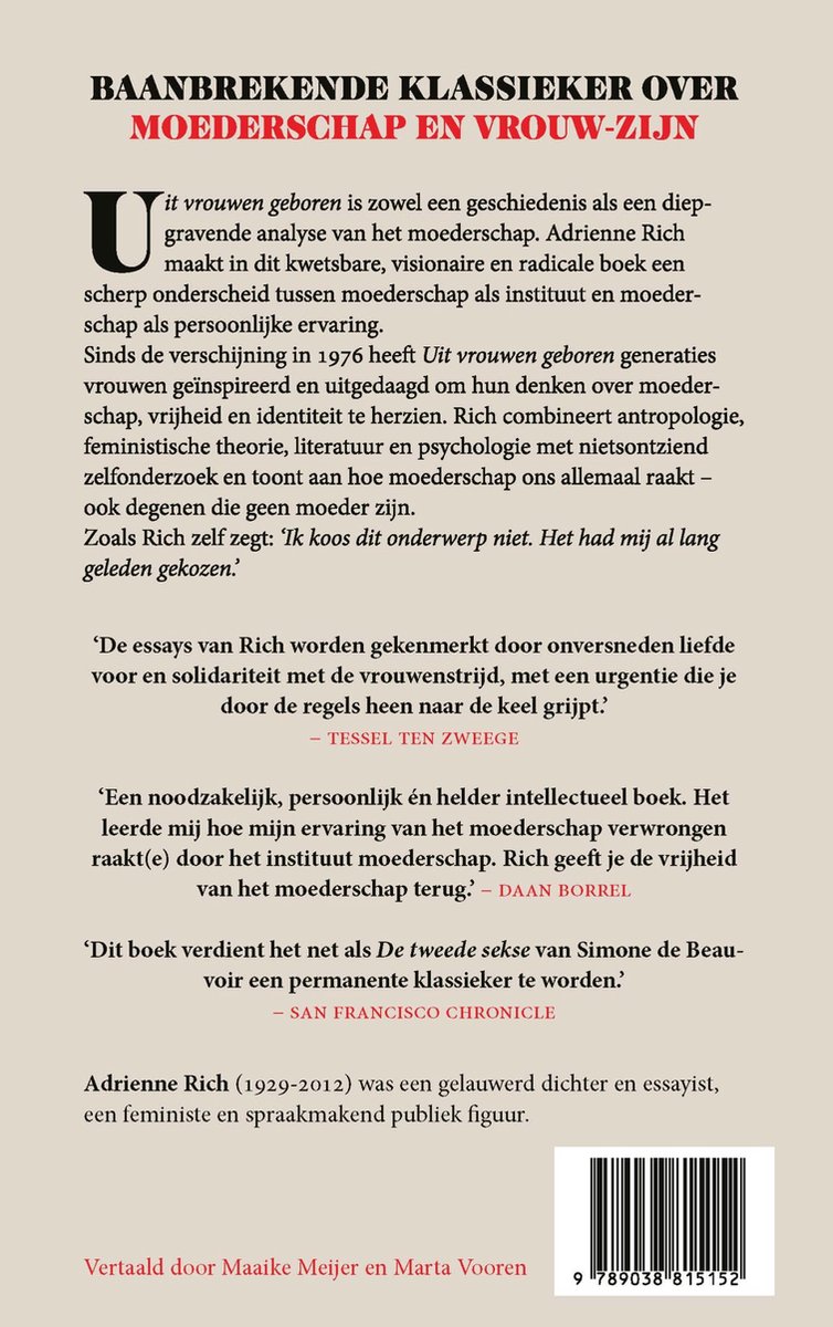Boek met de titel 'BAANBREKENDE KLASSIEKER OVER MOEDERSCHAP EN VROUW-ZIJN'. Bovenin een portret van Adrienne Rich.
