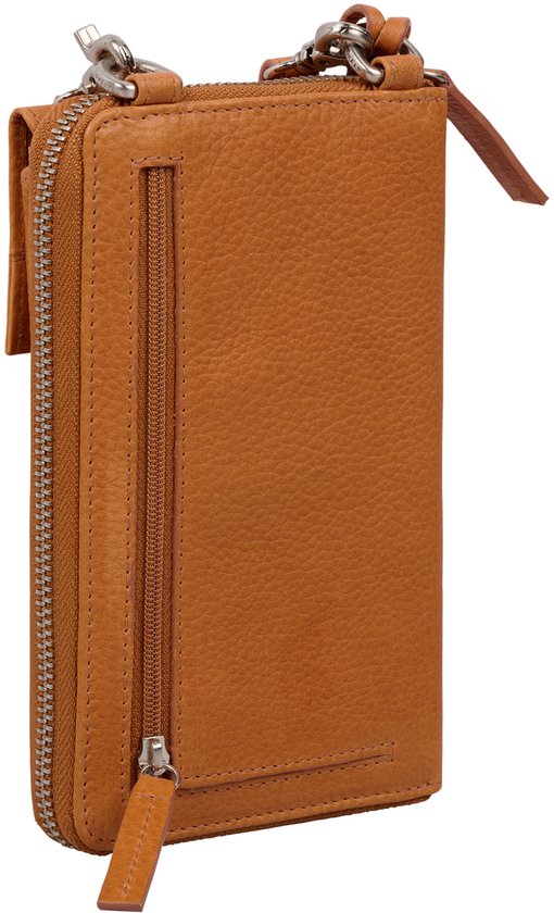 Cognac gekleurde telefoonportemonnee met ritssluiting, met leren label aan de zijkant.