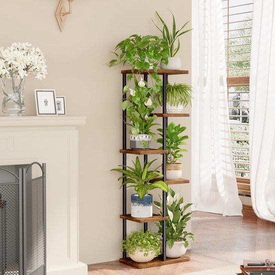 Plantenrek, Houten Hoekrek, 6-Laags Bloempotrek, STLOVe Metalen Tuinrek, Opbergrek Binnen/Buiten, Woonkamer/Balkon/Multifunctioneel Decoratief Bureau (Pot en Plant Niet Inbegrepen