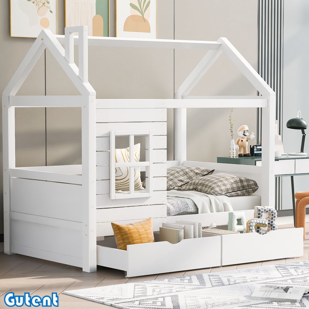 Gutent Kinderbed - 80*160 cm - met relingen - Jongen en meisje - Massief hout - Met raam - Wit - Zonder matras