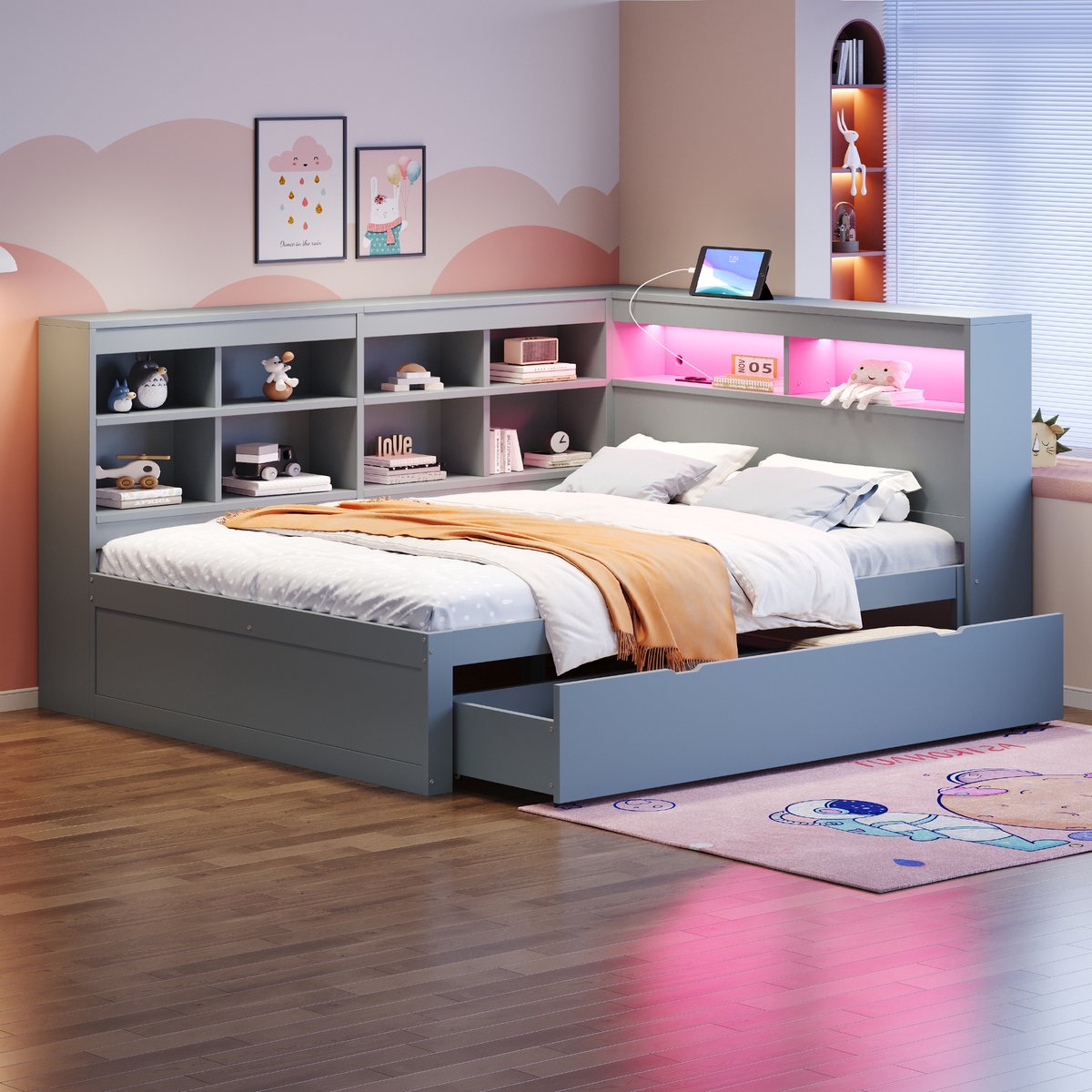 Sweiko Slaapbank - 140*200 cm - Grote lade - USB-poort + LED-strip - Tweepersoons houten bed - Grijs