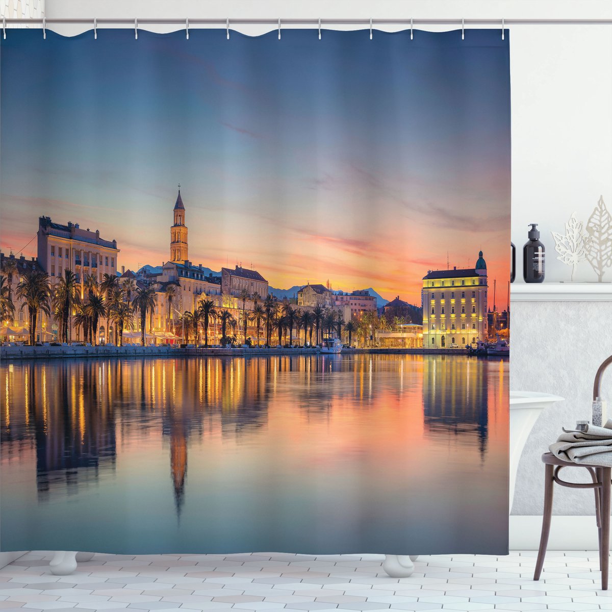 New Bed, Kroatië Romantische Zonsondergang, Douchegordijn Badkamer Decor Set met Haakjes, 175 cm B 180 cm L