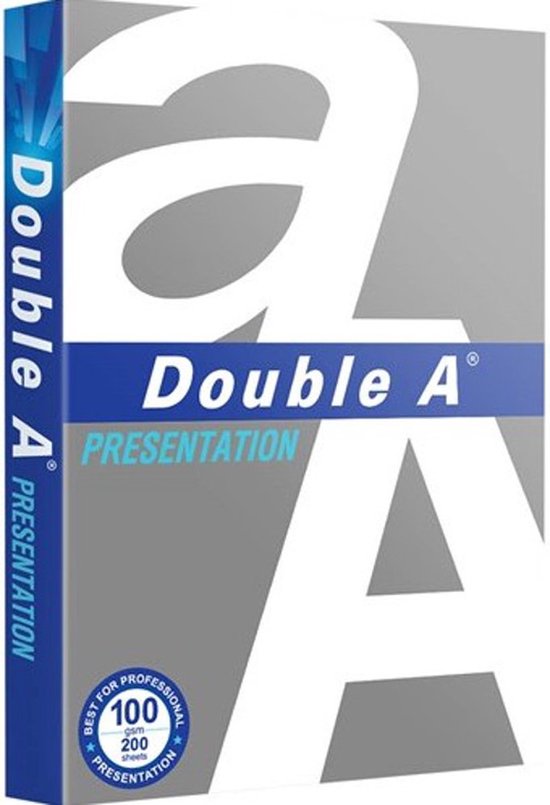 Pak Double A A4 papier, 100 gram, 200 vel, voor presentaties. Grijs met grote witte 'AA'-logo's.