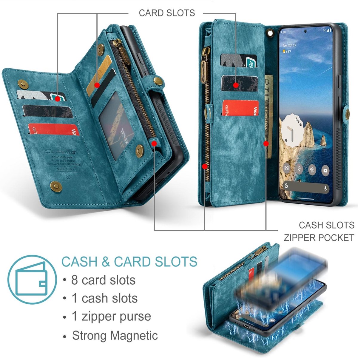 CaseMe Telefoonhoesje geschikt voor Google Pixel 9 Pro XL Hoesje | CaseMe 008 Uitneembare 2in1 Bookcase Portemonnee | Pasjeshouder voor 8 Pasjes | Telefoonhoesje voor Pinpas / OV Kaart / Rijbewijs - Blauw
