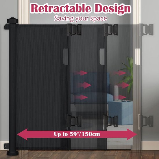 Rolbare traphekje voor baby's en huisdieren, uittrekbaar veiligheidshek voor baby's met stevige mesh-barrière voor trappen, deuren, gangen, 86 x 150 cm, zwart