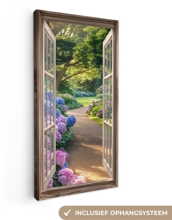 Peinture sur toile 40x80 cm - Décoration murale Vue - Jardin - Fenêtre - Hortensia - Fleurs - Décoration murale murale salon - Décoration chambre - Accessoires chambre - Peintures sur toile