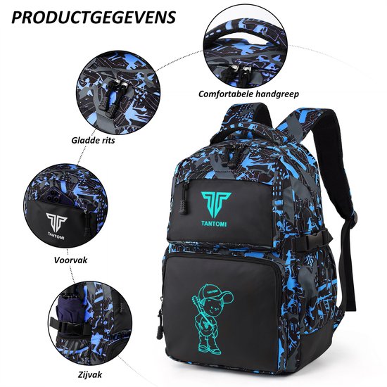 Rugzak met blauwe en grijze camouflageprint, met details van ritsen, voorvak en zijvak.