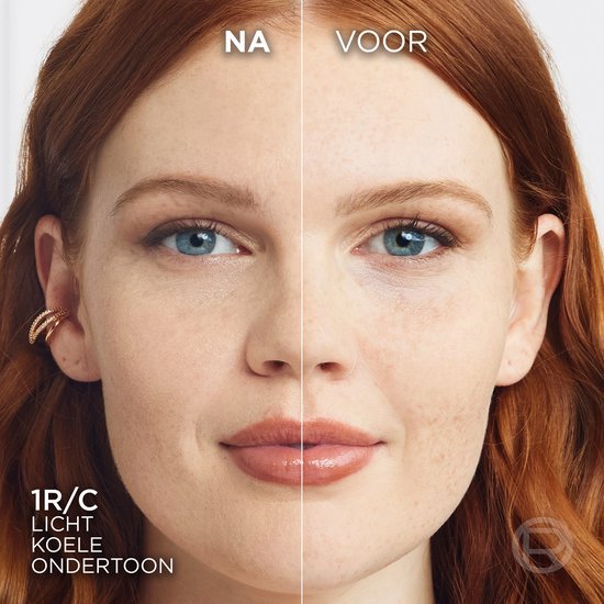 Vergelijking van een vrouwelijk gezicht met L'Oréal Paris True Match poeder. Links 'NA', rechts 'VOOR'.