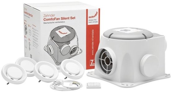 Zehnder ComfoFan Silent set met ventilator, vier afdekplaten, stekkers en schakelaar. De ventilator is wit met grijze accenten.