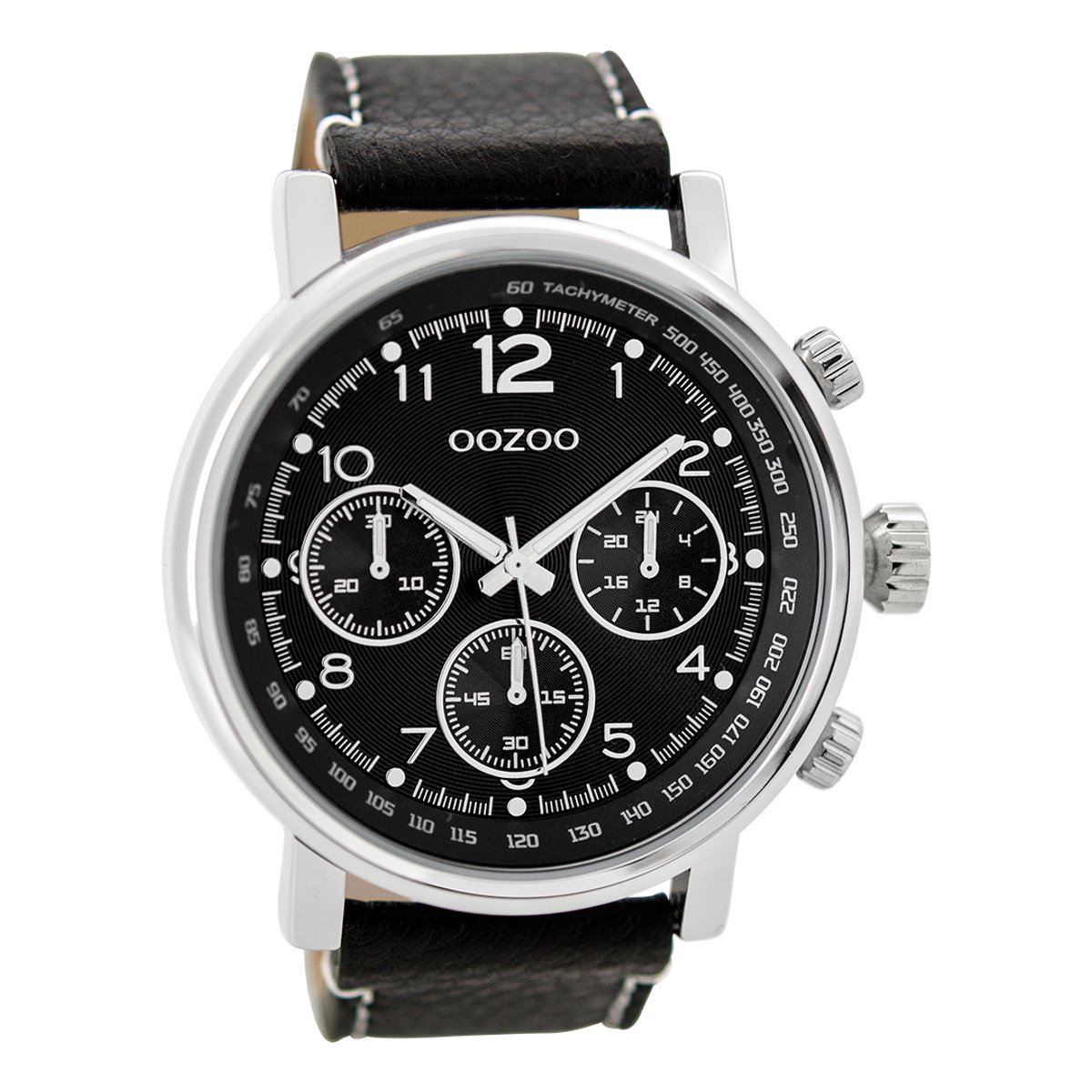 OOZOO Timepieces - Zilverkleurige horloge met zwarte leren band - C9459