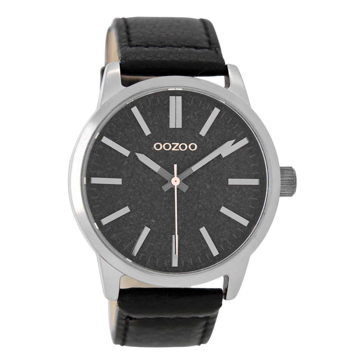OOZOO Timepieces - Zilverkleurige horloge met zwarte leren band - C9069