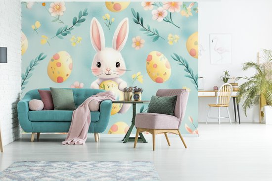 Behang - Fotobehang Konijn - Eieren - Takjes - Breedte 375 cm x hoogte 280 cm