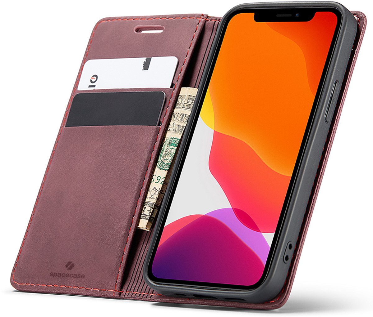 Spacecase Wallet Case Voor Iphone 12 Mini Rood Lederen Hoesje