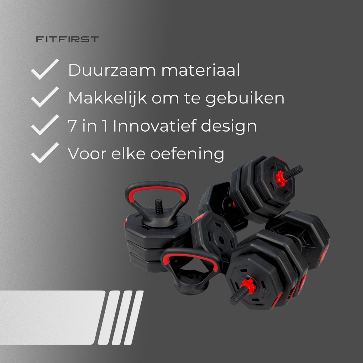 FitFirst 4-in-1 Verstelbare Dumbbells, Halter & Kettlebell Set – 40 kg – Complete Thuisgym Oplossing – Zwart/Rood – foto 2