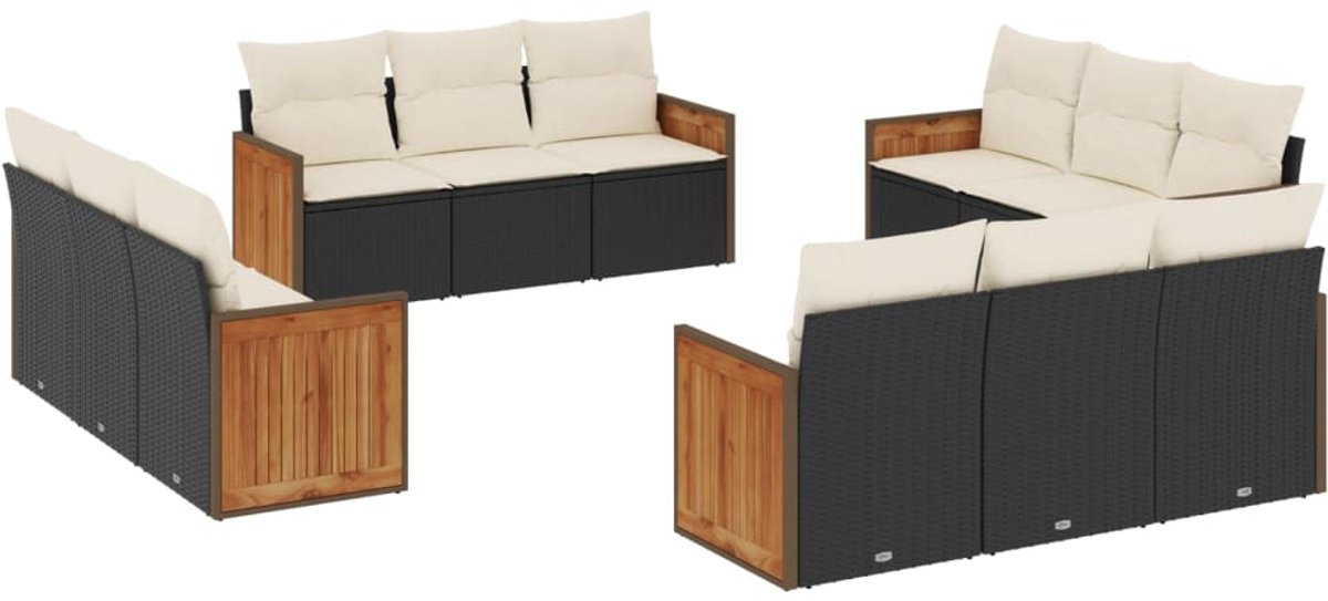 The Living Store 12-delige Loungeset met kussens poly rattan zwart - Loungeset - Tuinset - Lounge - Outdoor Furniture - Garden Furniture