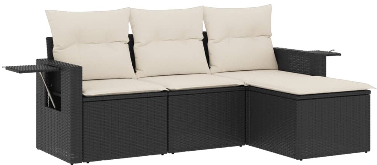 Zwarte poly rattan loungeset met kussens voor buiten - The Living Store.