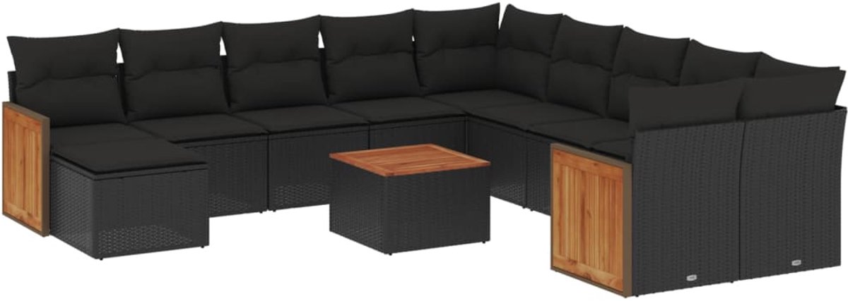 The Living Store 12-delige Loungeset met kussens poly rattan zwart - Loungeset - Tuinlounge - Lounge Set - Buitendining - Outdoor Furniture