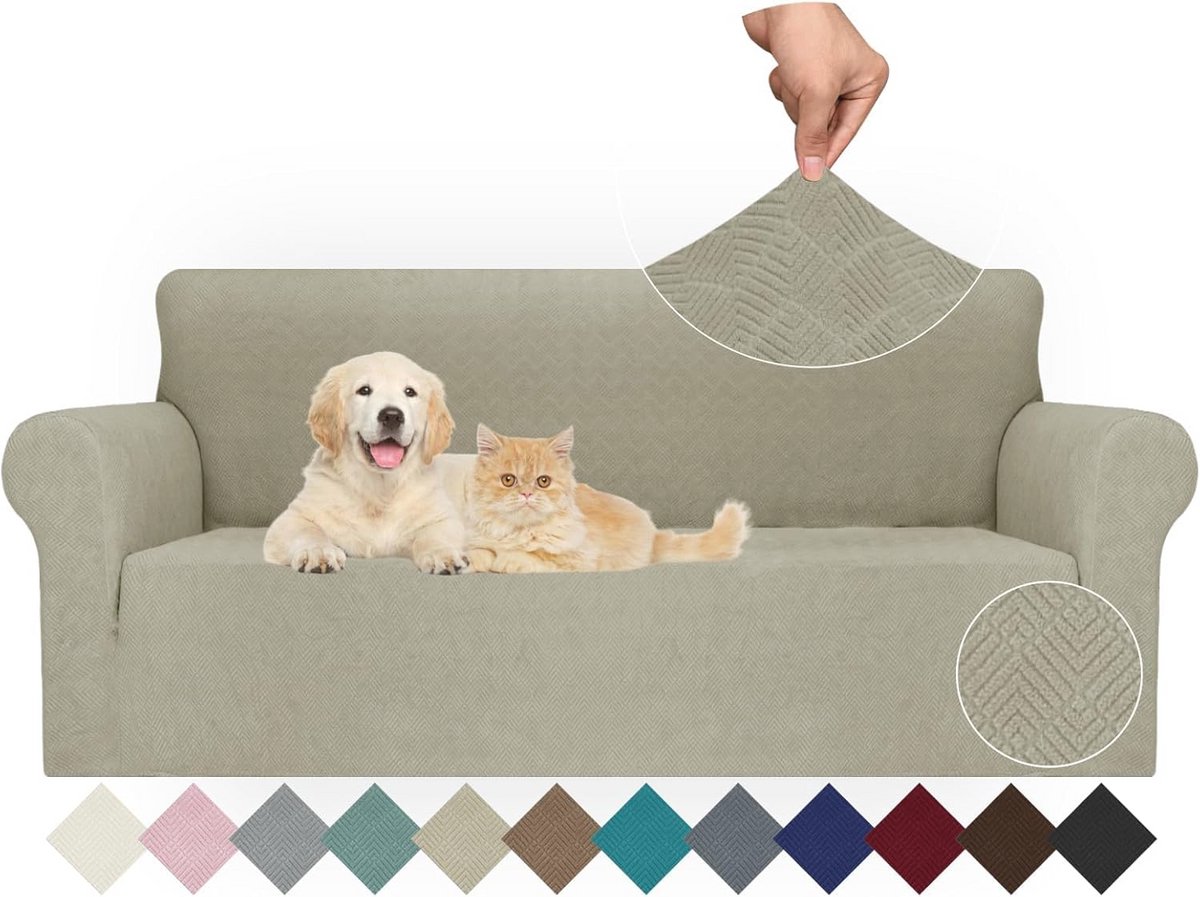 Stretch Sofa Cover voor 3 Zits Bank, Universele Elastische Bescherming, Antislip en Krasbestendig, Perfect voor Woonkamer, Khaki Kleur