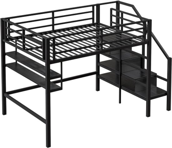 Lit Mezzanine Métal 140x200 Cm Avec LED, échelle-rangement Et Armoire – Pour Enfant/ado, Couleur Noir – Sans Matelas