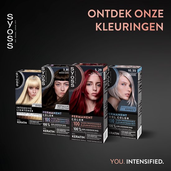 Verschillende Syoss haarkleurverpakkingen, waaronder een met intens rood haar.