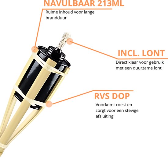 Illustratie van een bamboe fakkel die de navulbare tank van 213 ml, de lont en de RVS dop benadrukt.