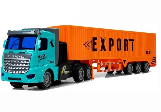 Blauwe en oranje speelgoed vrachtwagen met "EXPORT" trailer, gezien vanaf de voorkant.