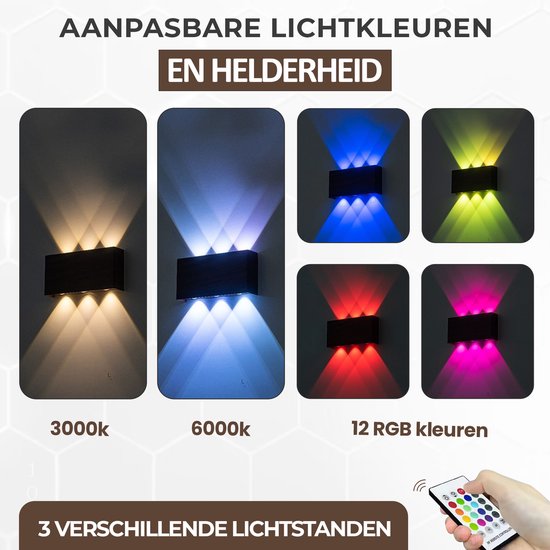 MAXXILED wandlamp toont 3000k, 6000k en 12 RGB-kleuren, met afstandsbediening.