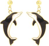 Behave® Oorbellen hangers dolfijn zwart wit emaille 3,5 cm