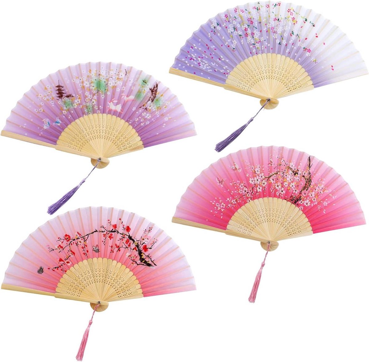 Opvouwbare Handventilatoren Vintage Bloem - Vrouwen - Draagbaar en Elegant - Chinese Ventilator Bamboe - Dagelijks Gebruik en Feest Dans - Roze Paars .