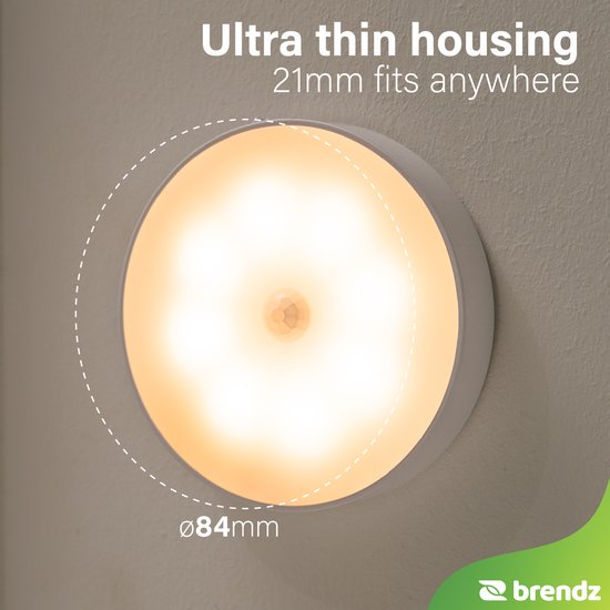 Éclairage d'armoire ronde à LED Brendz avec détecteur de mouvement, rechargeable par USB-C, magnétique, 4 pièces, blanc chaud 3000 K, éclairage d'escalier sans fil, veilleuse