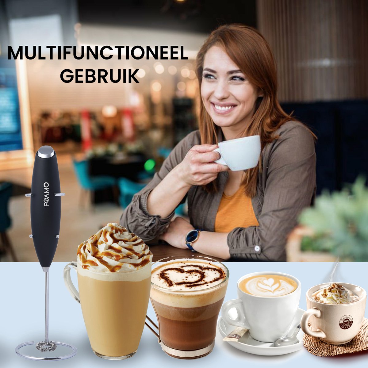 Foamo® Melkopschuimer Electrisch - Handmatige Melkschuimer - Elektrische Melkklopper voor Cappuccino en Matcha - Milk Frother op Batterijen - Zwart — cadeau in Kookcadeaus - foto 7
