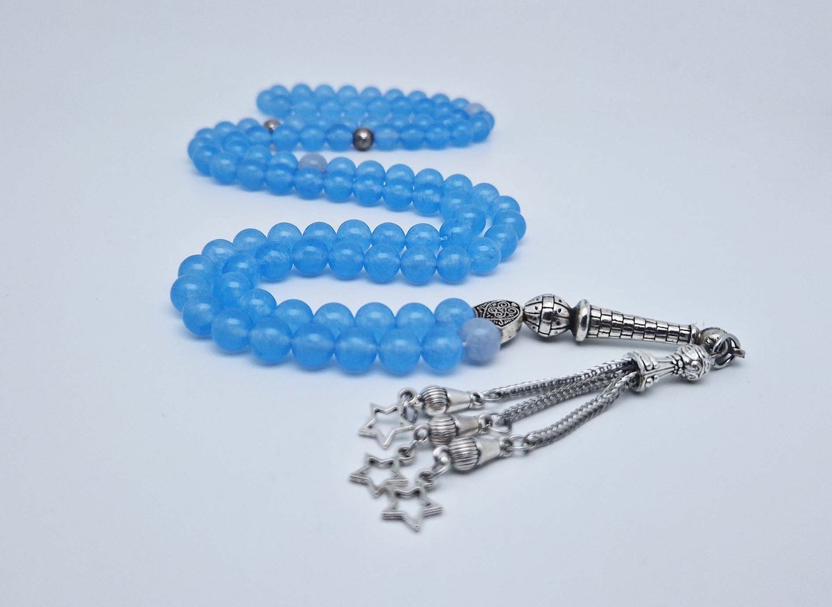 Handgemaakte tesbih "Tasbih" natuursteen " Blauwe Jade " - Aantal kralen 99 - Diameter kralen 8MM - met metaal tassel "Kleine sterren" - Een mooi cadeau-idee