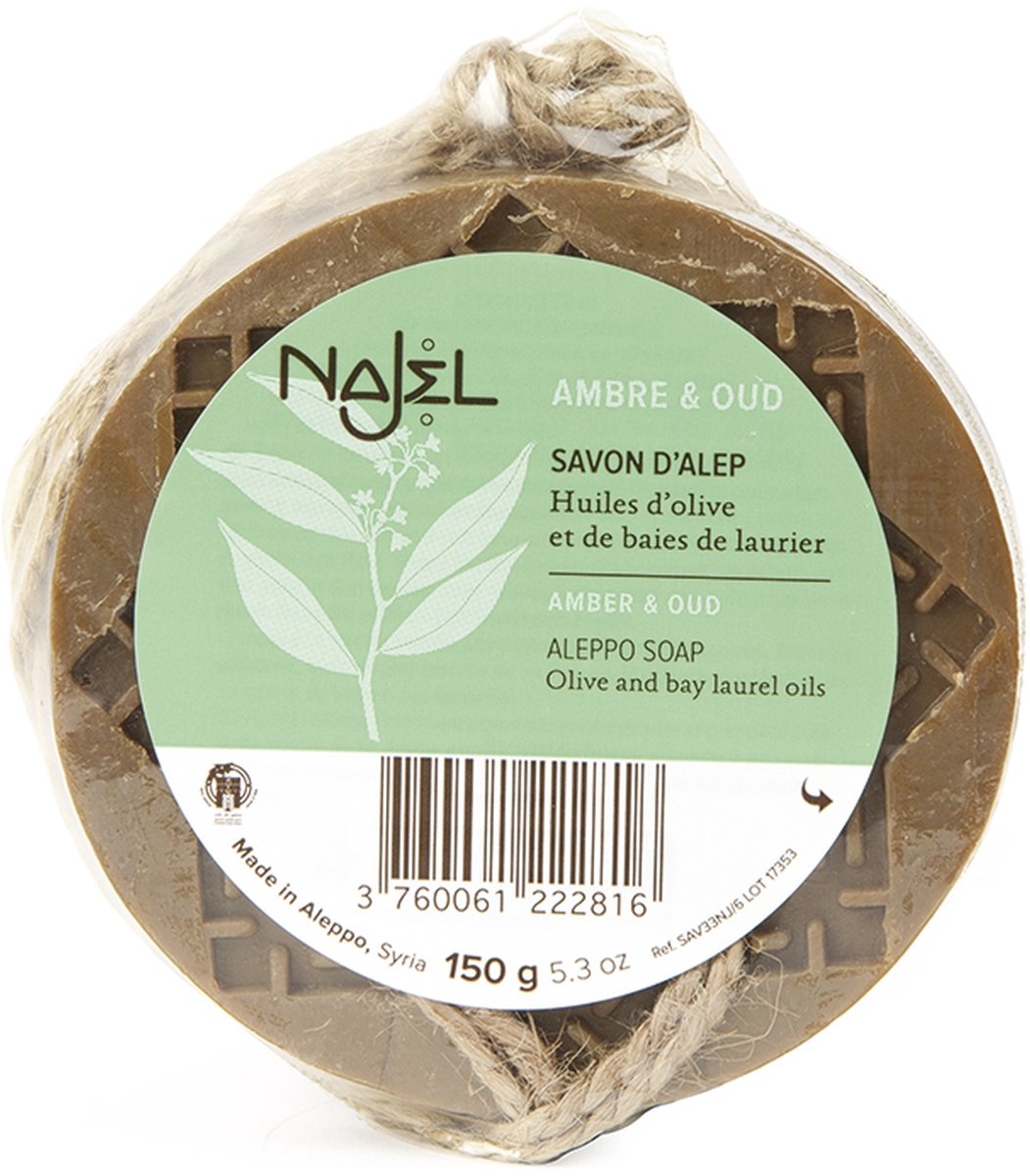 Goedkoopste Najel - Aleppo zeep- Amber/Oud Aroma - Douche kruidenzeep aan koord - 150g