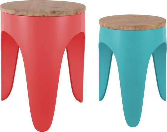 Leitmotiv - Set de tabourets Double Funky - Rouge écarlate et bleu turquoise