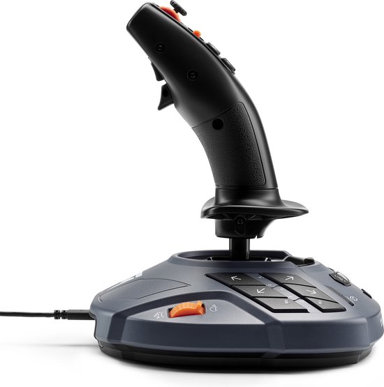 Zwarte joystick met grijze basis en oranje knoppen. Met pijltjestoetsen en 'mode' knop.